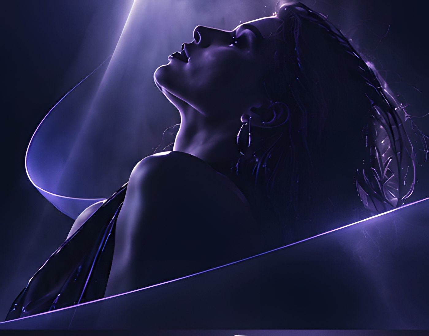 Retrato de una artista bajo un haz de luz violeta